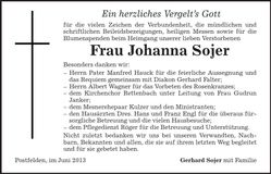 Traueranzeige Johanna Sojer