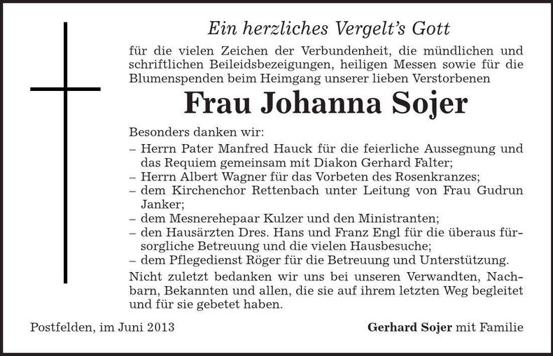 Traueranzeige Johanna Sojer