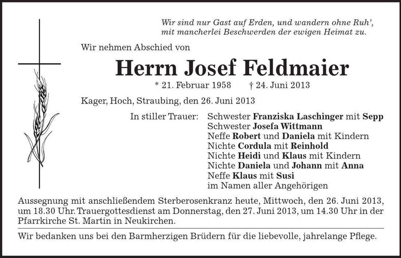 Traueranzeige Josef Feldmaier