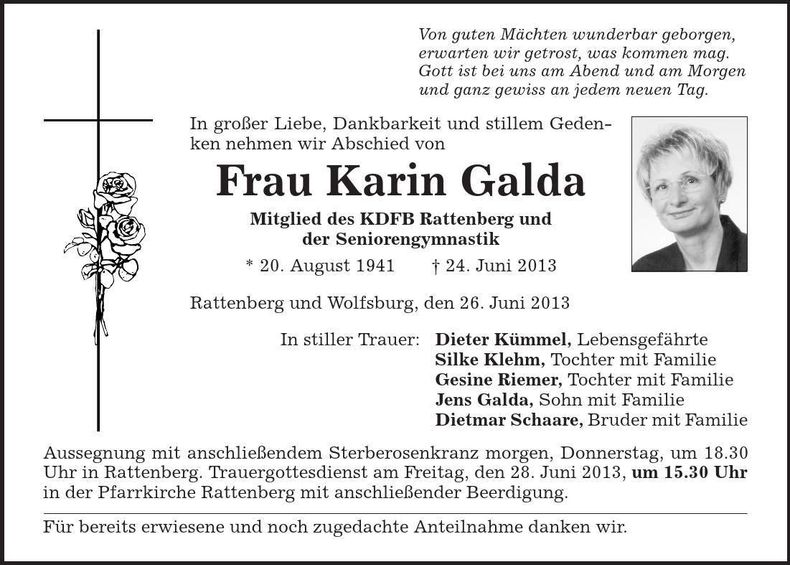 Traueranzeige Karin Galda