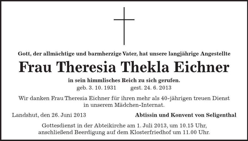 Traueranzeige Theresia Thekla Eichner