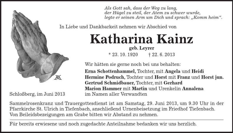 Traueranzeige Katharina Kainz