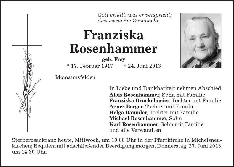 Traueranzeige Franziska Rosenhammer