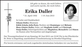 Traueranzeige Erika Daller