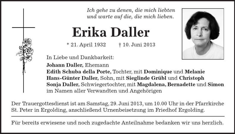 Traueranzeige Erika Daller