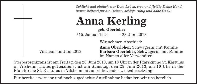 Traueranzeige Anna Kerling