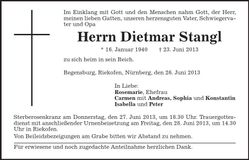 Traueranzeige Dietmar Stangl