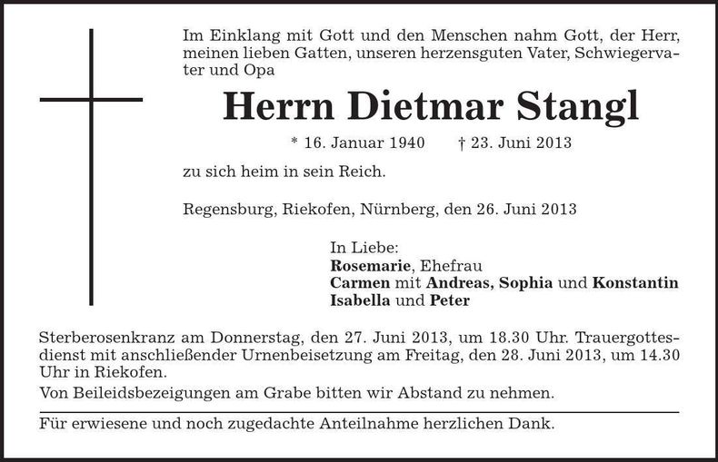 Traueranzeige Dietmar Stangl