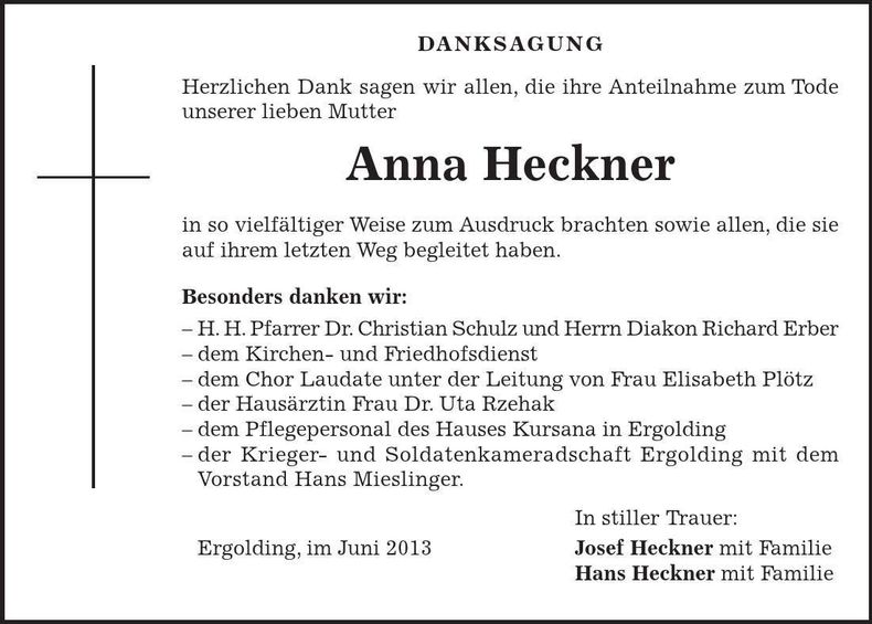 Traueranzeige Anna Heckner