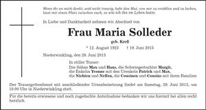 Traueranzeige Maria Solleder