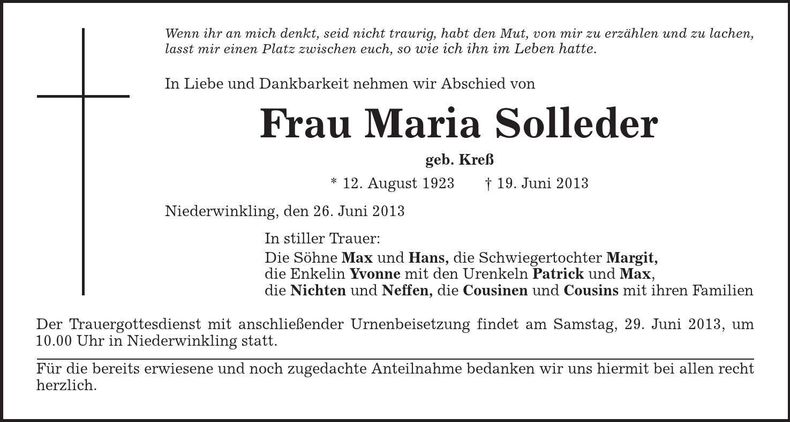 Traueranzeige Maria Solleder