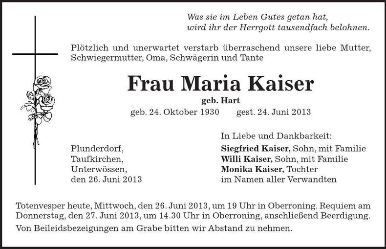 Traueranzeige Maria Kaiser