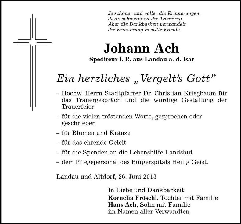 Traueranzeige Johann Ach