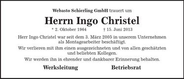 Traueranzeige Ingo Christel
