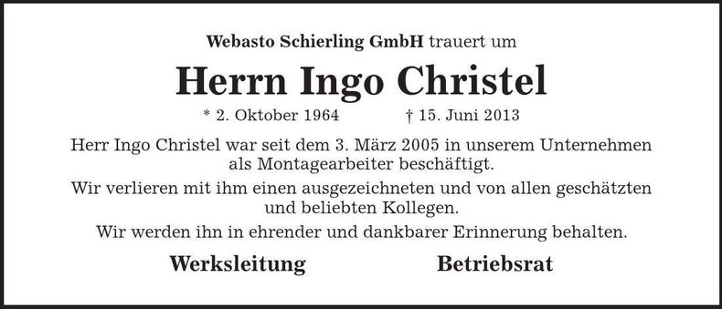 Traueranzeige Ingo Christel