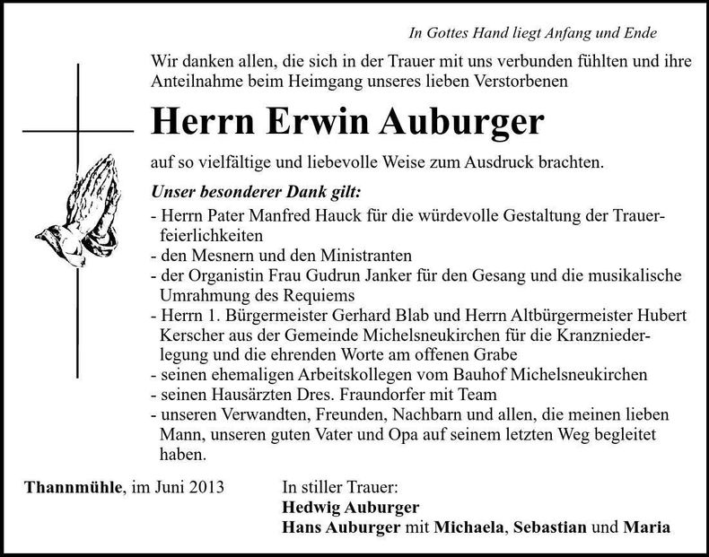 Traueranzeige Erwin Auburger