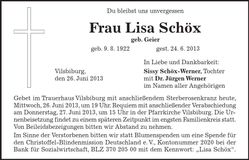 Traueranzeige Lisa Schöx