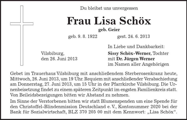 Traueranzeige Lisa Schöx