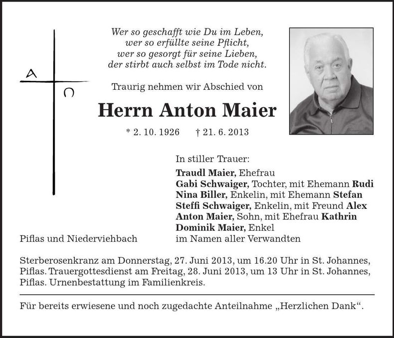 Traueranzeige Anton Maier