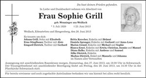 Traueranzeige Sophie Grill