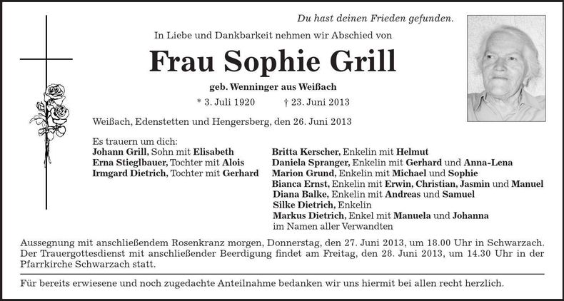 Traueranzeige Sophie Grill