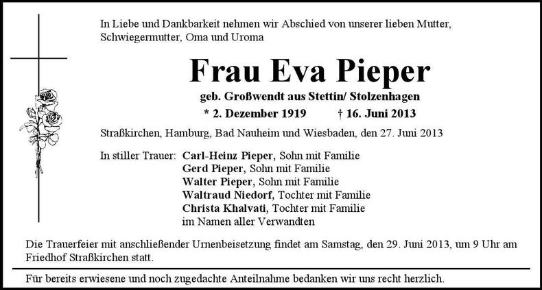 Traueranzeige Eva Pieper