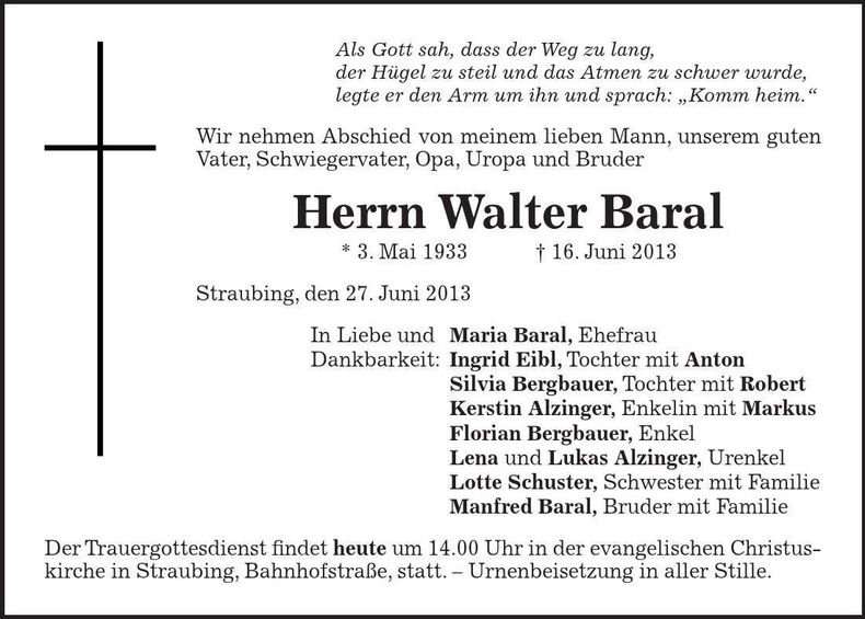 Traueranzeige Walter Baral