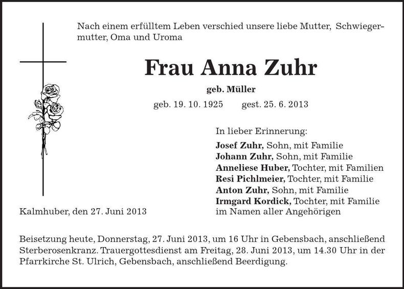 Traueranzeige Anna Zuhr