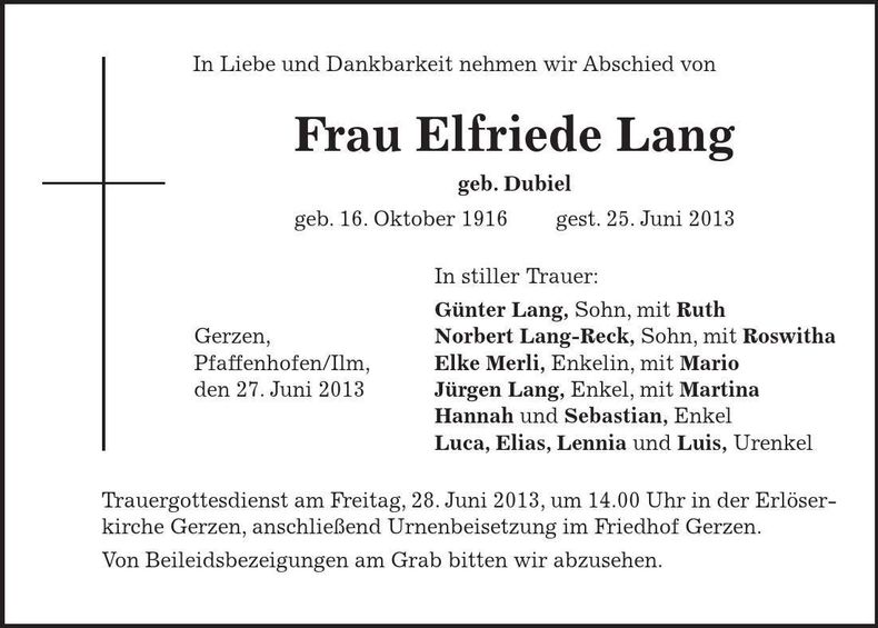 Traueranzeige Elfriede Lang
