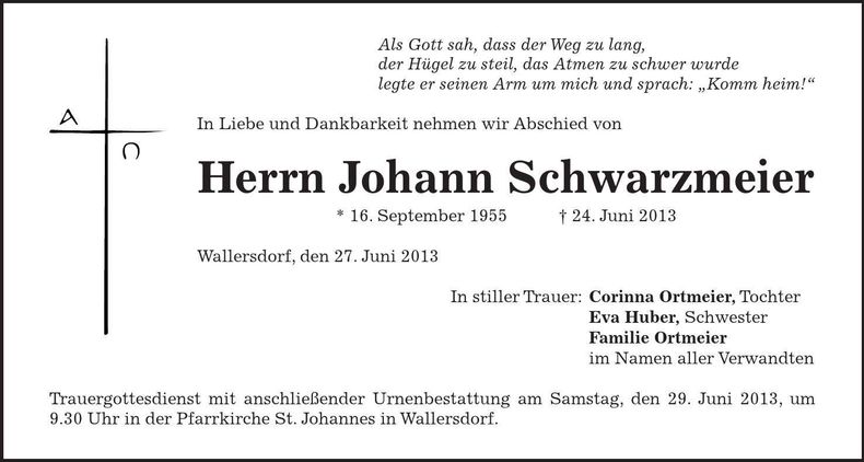 Traueranzeige Johann Schwarzmeier
