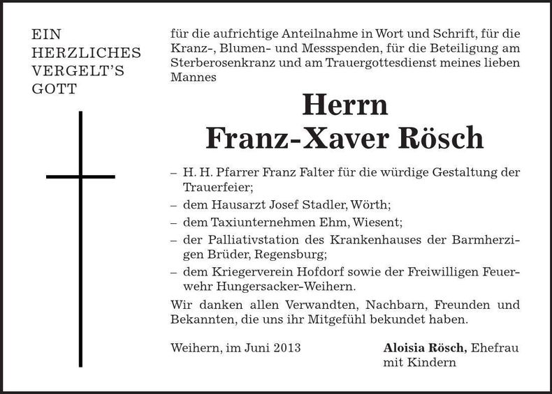 Traueranzeige Franz-Xaver Rösch