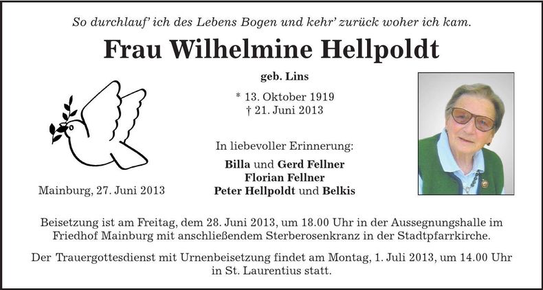 Traueranzeige Wilhelmine Hellpoldt