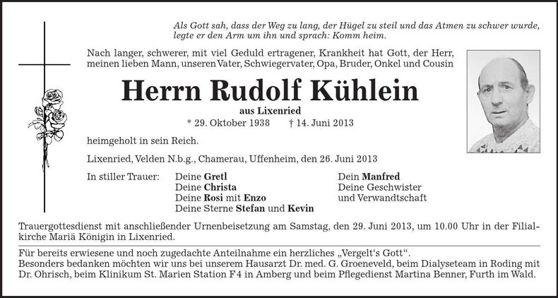 Traueranzeige Rudolf Kühlein