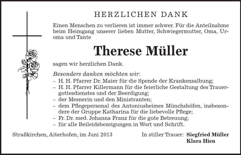 Traueranzeige Therese Müller