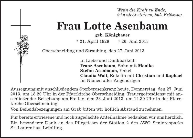 Traueranzeige Charlotte Asenbaum