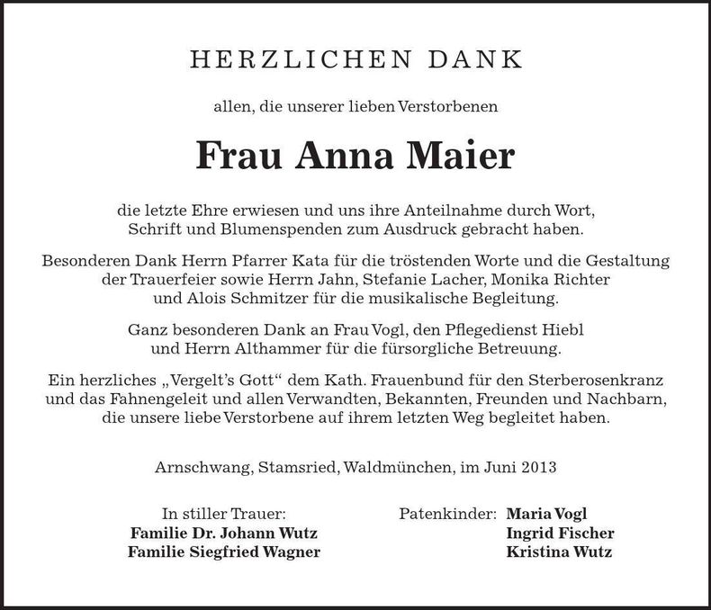 Traueranzeige Anna Maier