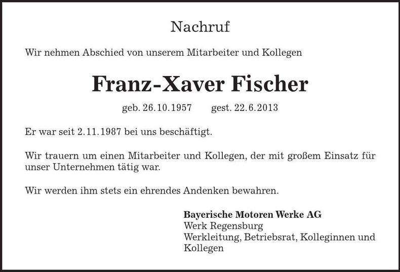 Traueranzeige Franz-Xaver Fischer