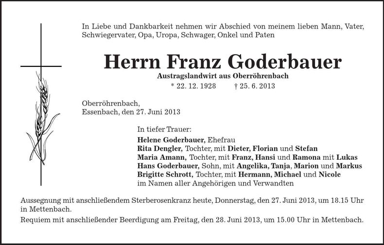 Traueranzeige Franz Goderbauer