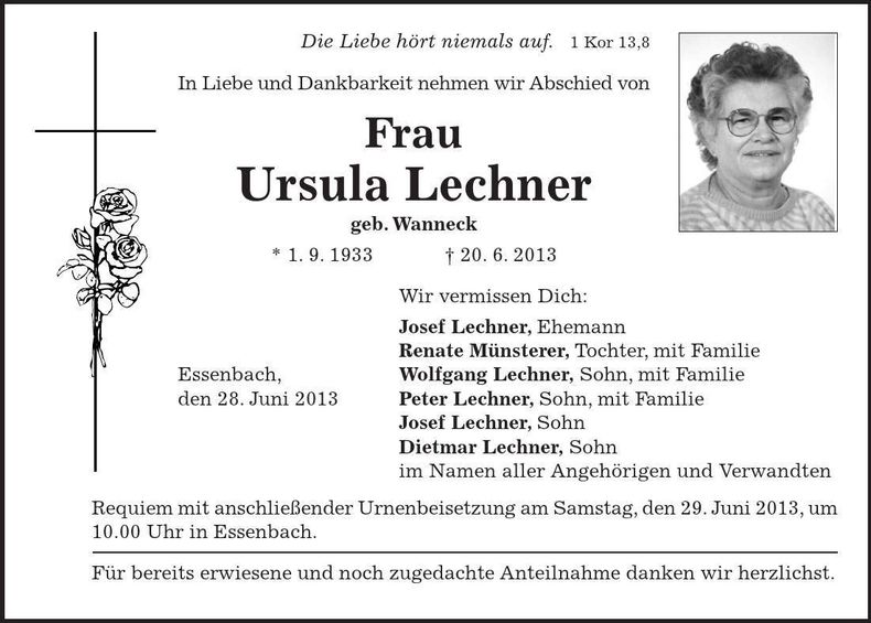 Traueranzeige Ursula Lechner