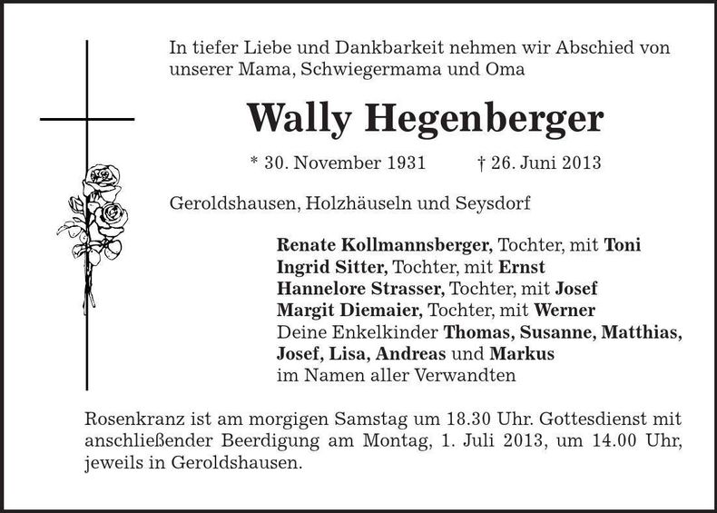 Traueranzeige Wally Hegenberger