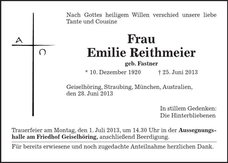 Traueranzeige Emilie Reithmeier