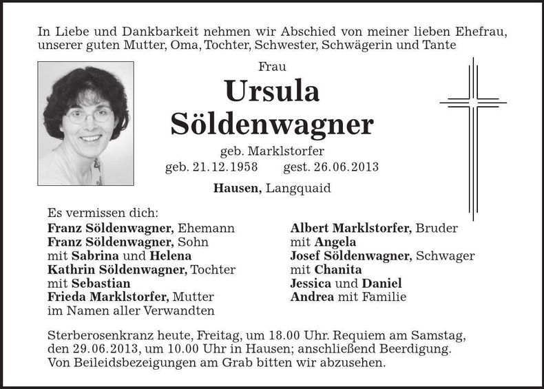 Traueranzeige Ursula Söldenwagner