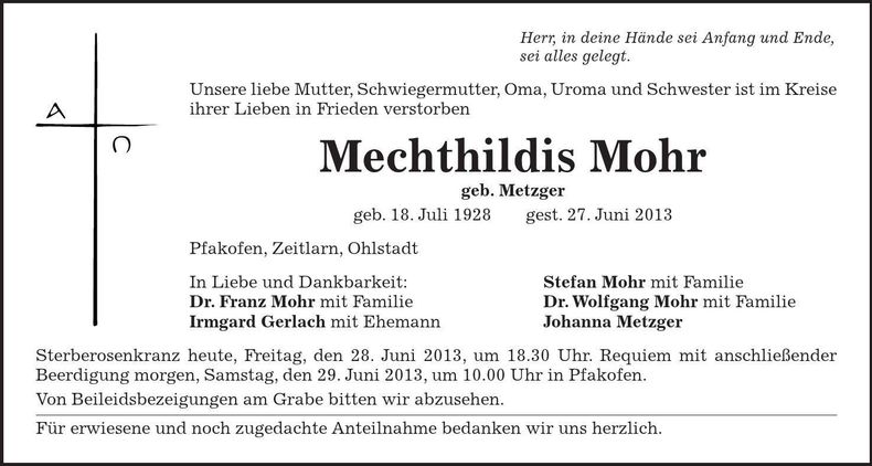 Traueranzeige Mechthildis Mohr