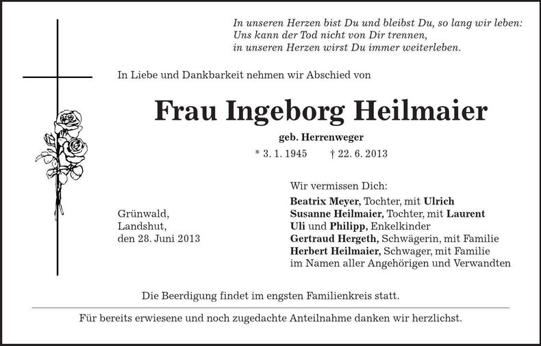 Traueranzeige Ingeborg Heilmaier