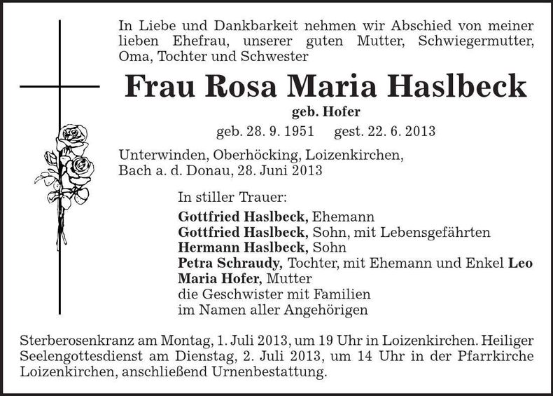 Traueranzeige Rosa Maria Haslbeck