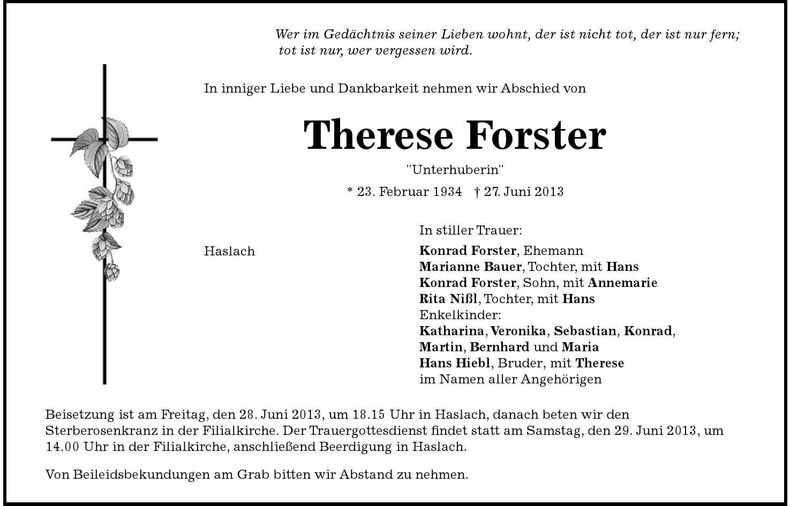 Traueranzeige Therese Forster