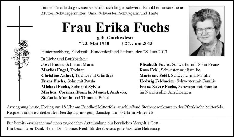 Traueranzeige Erika Fuchs