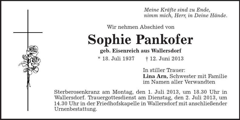 Traueranzeige Sophie Pankofer