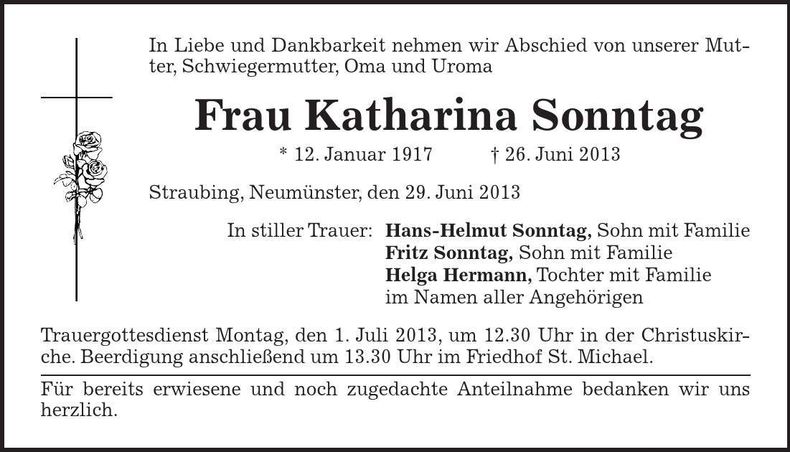 Traueranzeige Katharina Sonntag