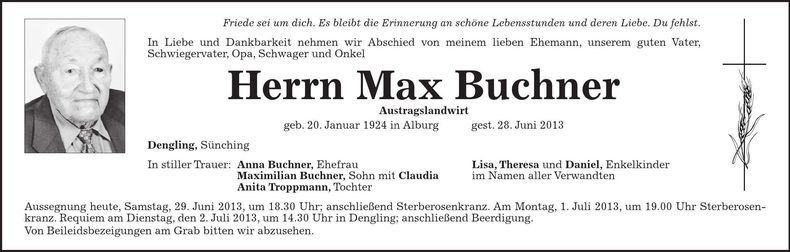 Traueranzeige Max Buchner